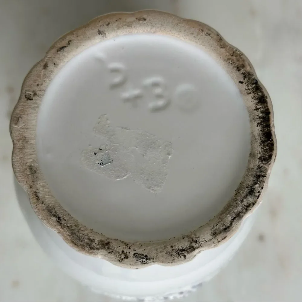 White Ceramic Vase Embossed Floral Pedestal Base Classic Decor 9 Inch